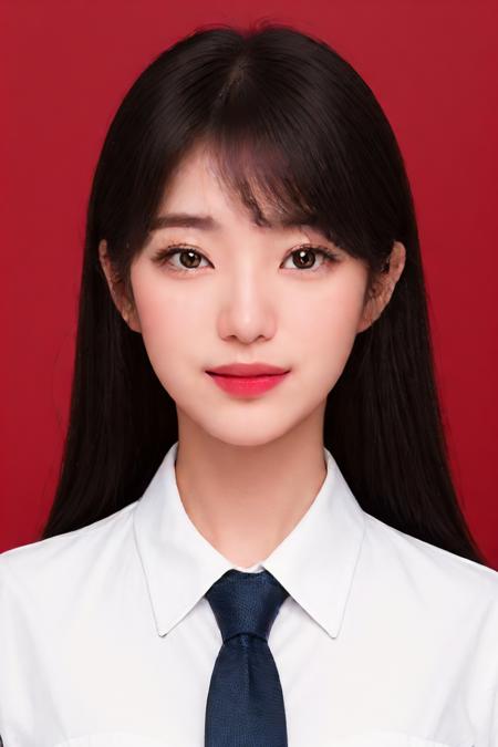 05538-3944449304-,identification photo,1 girl,long hair,bangs,looking at viewer,(white shirt,blue tie,red background_1.3),happy,smile,, (PureEros.png